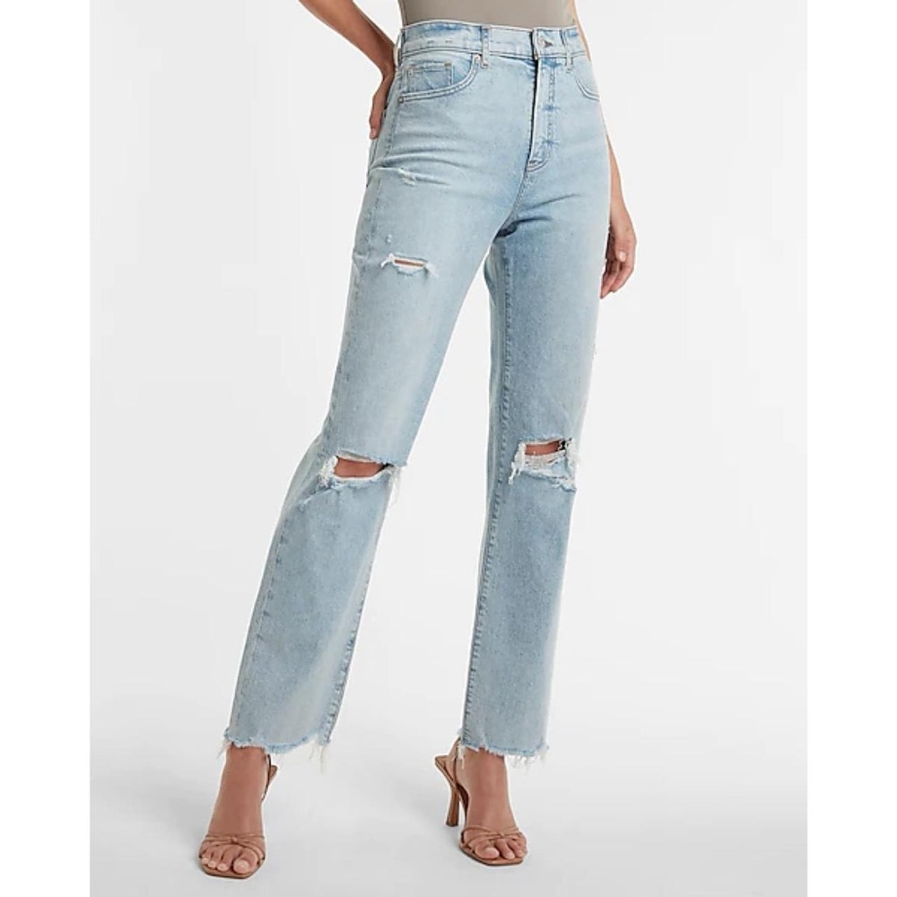 Express Super High Waisted Ripped Raw Hem Modern Straight Jean - Size 6